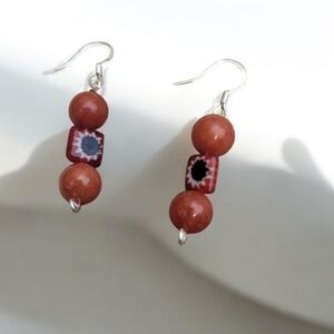 Silver Plated Coral Millefiori Glass Flower Earrings